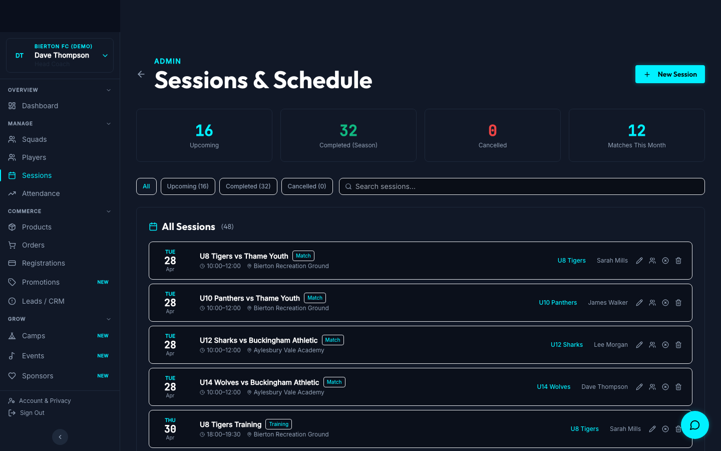 Sessions admin page with create-session modal and match-detail fields